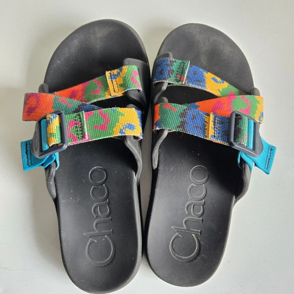 Chaco Chillos Slide Sandals Womens 7 Black Multi Color Adjustable Straps Strappy